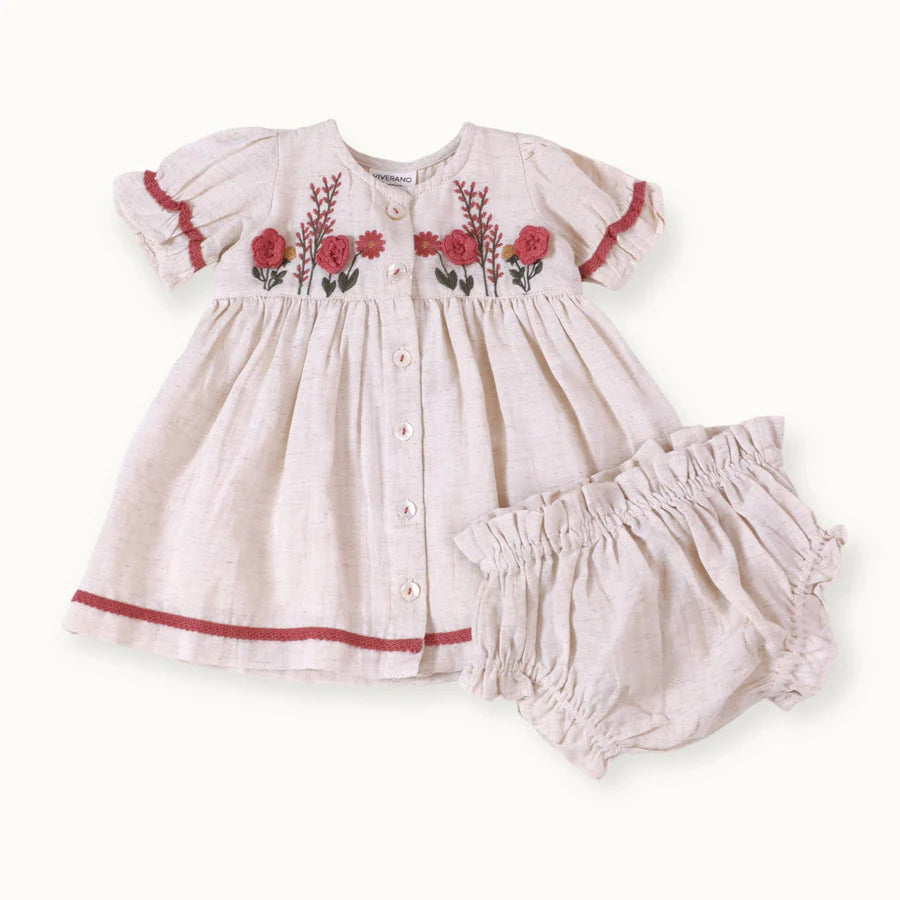 Victoria Embroidered Floral Baby Dress + Bloomer (Linen)