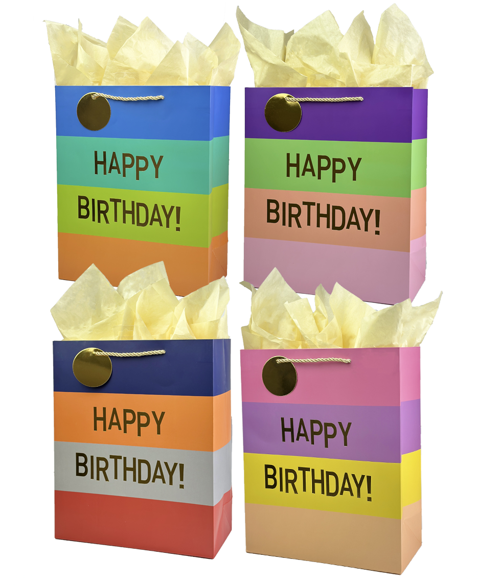 Happy Birthday Gift Bag - three color stripes: Large