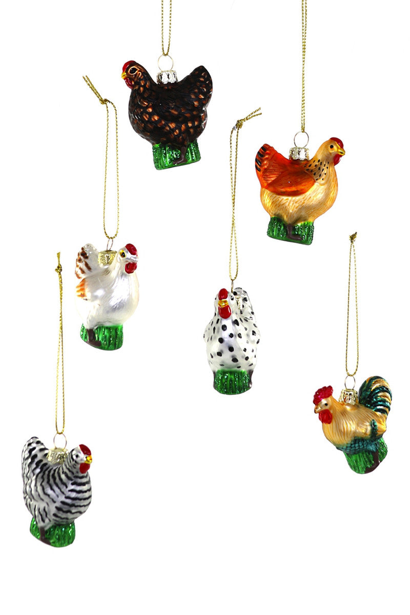 Farmstead Chickens Glass Ornament Asst