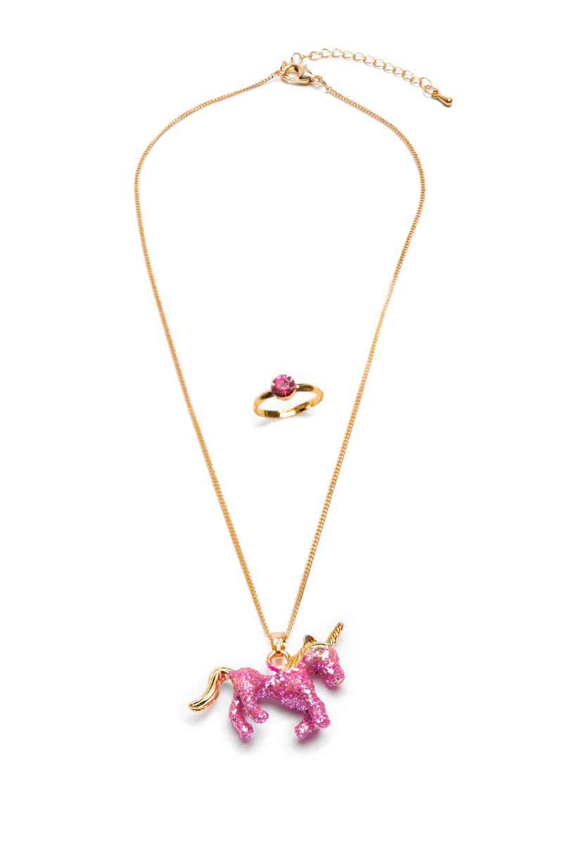 Glitter Pink Unicorn Necklace &amp; Ring