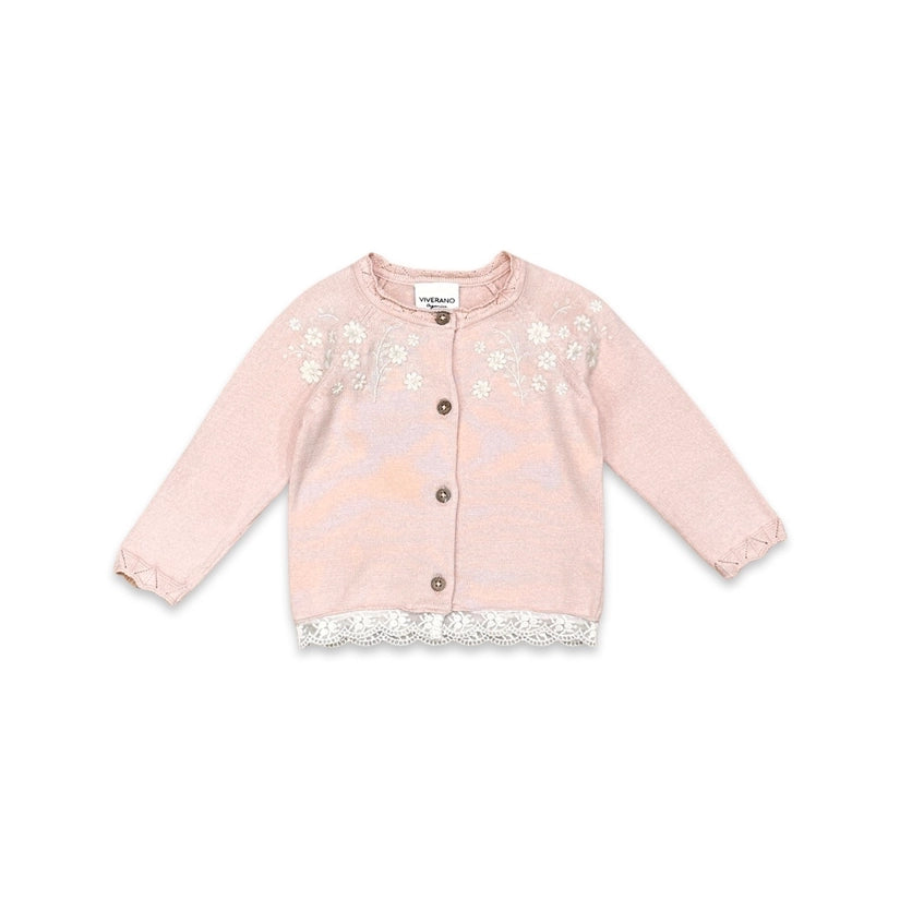 Floral Embroidered Knit Cardigan with Lace Trim