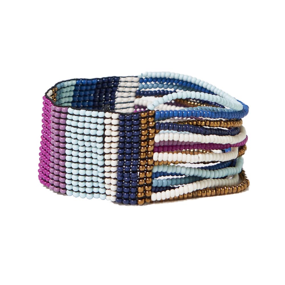Charlie Vertical Mixed Stripes Half Woven Beaded Stretch Bracelet Blue + Lavender