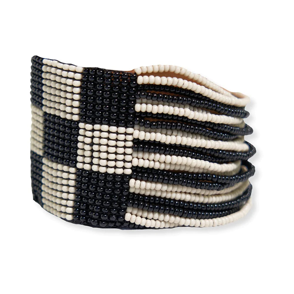 Olive Checkered Beaded Stretch Bracelet - Black &amp; White