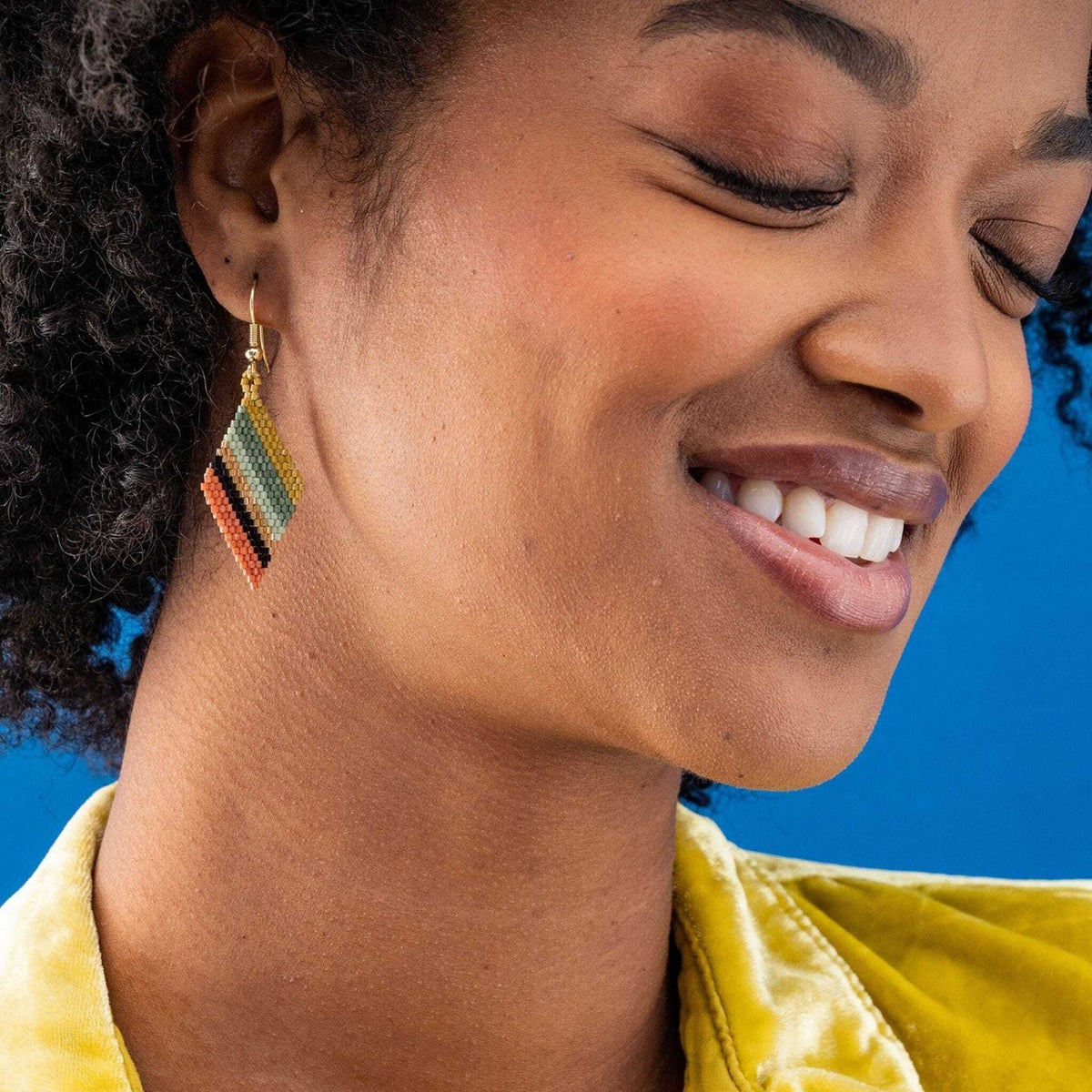 Zelda Angled Stripe Diamond Earrings Greens + Rust